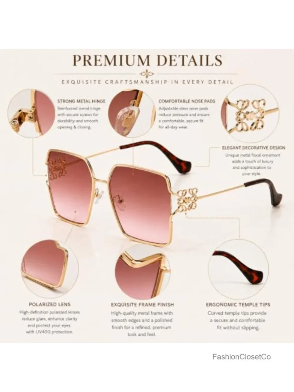 Metal Floral Frame Polarized UV400 Square Oval Sunglasses Women